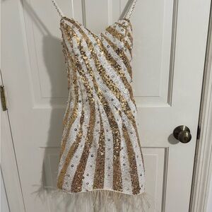 Sequin Striped Gold and White Dress